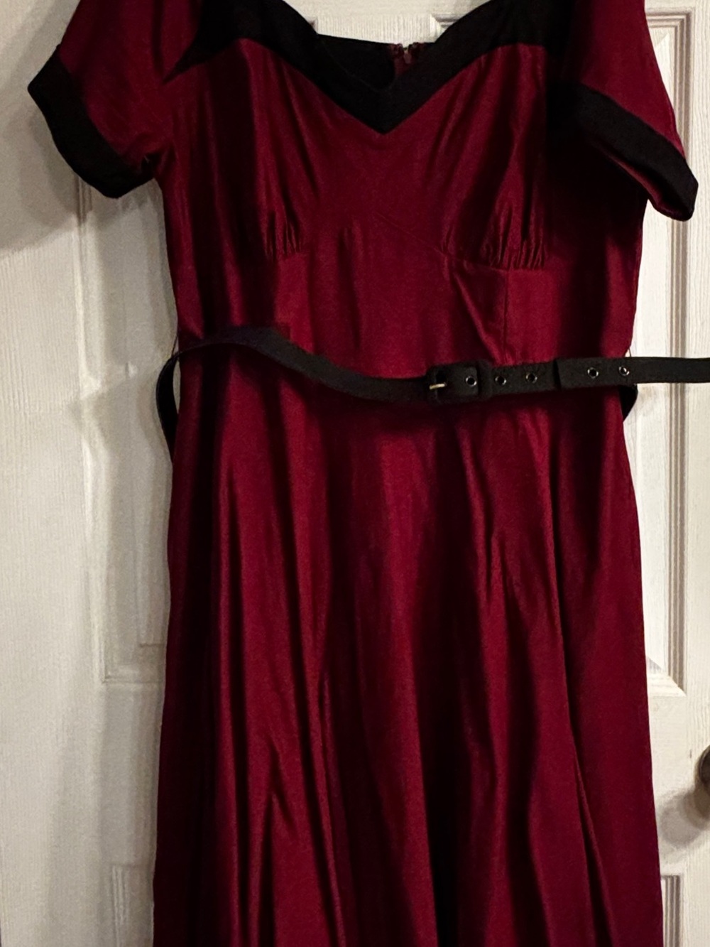 Unique Vintage Burgundy Midi Swing Dress with Black Trim